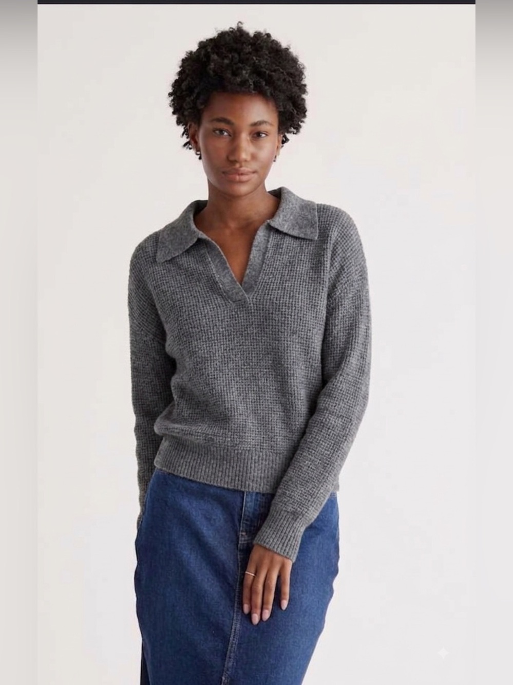 Quince Wool-Alpaca Waffle Stitch Polo Sweater Gray , Small